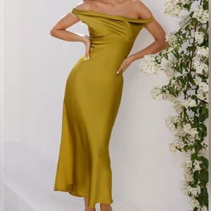 Hello Molly Off-Shoulder Satin Midi Olive Green Dress